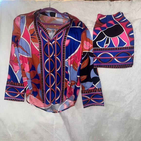 NWOT (found flaws-sold as is) Colorful Geometric Print Top and Skirt Set - Picture 2 of 5